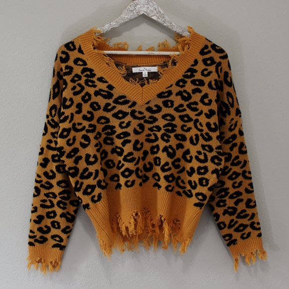 *Unique* Cheetah Print + Fringe + Drop Sleeve Crop Sweater SMALL New w/o Tags